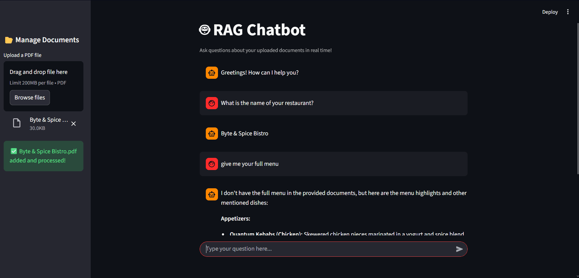 AI Powered ChatBot main interface